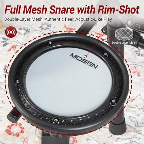 MOSEN Electric Drum Set with 4 Quiet Mesh Drum Pads, Cymbals, Sticks, Headphones, USB MIDI, Kick Pedal, 195+ Sounds and 25 Drum Kits for Beginner MED-X3 thumbnail 5