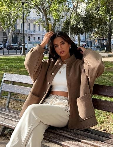 Faleave Women's Oversized Button Down Jacket Lantern Long Sleeve Coat Fall Winter Mock Neck Casual Outerwear with Pockets thumbnail 3