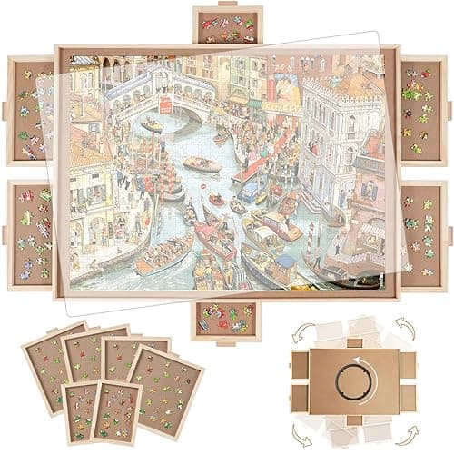 BuilderButler 1500 Pieces Rotating Puzzle Board with 6 Drawers,34.25"x25.2" Portable Wooden Jigsaw Puzzle Table with Lazy Susan Spinning Cover - Medium(1500)