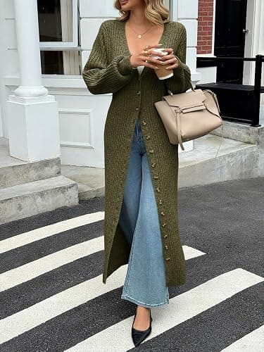 Saodimallsu Womens Long Cardigans V Neck Button Down Chunky Knit Dusters Sweater Coat Fall Trendy Maxi Sweater Dress thumbnail 2