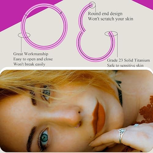 BLISI Grade 23 Titanium Nose Rings Hoops - 20G/18G/16G, 6/7/8/9/10mm Diameter, Hinged Click Rings for Nose, Lip, Helix, Cartilage, Rook - Hypoallergenic sleeper earrings, Black/Silver/Gold/Pink thumbnail 3