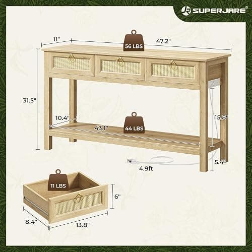 SUPERJARE Rattan Console Sofa Table with Outlets and USB-C Port, 3 Drawer Entryway Table with Synthetic Rattan Surface, Open Shelf, Behind Couch Entry Foyer Hallway Storage, Natural thumbnail 2