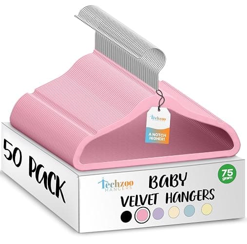 TechZoo 50 Premium Baby Velvet Hangers - 11.8 Inches Non-Slip & Ultra-Slim Baby Hangers for Space-Saving & Children Clothes - 360 Swivel Hook, Strong & Durable Infant & Toddler Clothes Hanger - Pink - Image 1