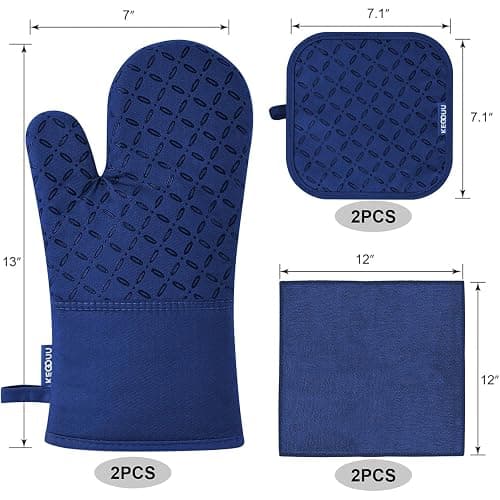 KEGOUU Oven Mitts and Pot Holders 6pcs Set, Kitchen Oven Glove High Heat Resistant 500 Degree Extra Long Oven Mitts and Potholder with Non-Slip Silicone Surface for Cooking(Marine Blue) thumbnail 3