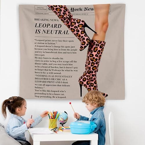 WNAGT Trendy Leopard Print Newspaper Tapestry Wall Hanging, Cheetah Room Decor, Modern Hot Girl Fashion Aesthetic Blanket Decor for Girls Room Dorm Apartment Office, 50x60 Inch thumbnail 5
