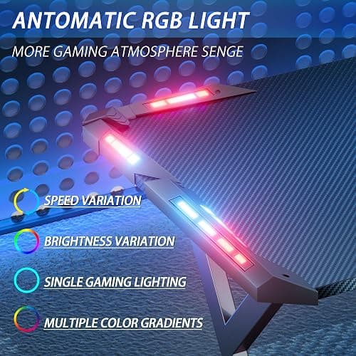HLDIRECT 40 INCH Gaming Desk with LED Lights, Home Office Gamer Desk, Ergonomic Computer Table with Large Carbon Fiber Desktop, Office Workstation, Cup Holder & Headphone Hook, Black thumbnail 4