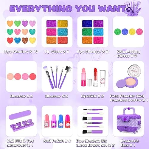 54 Pcs Kids Makeup Kit for Girls, Princess Real Washable Pretend Play Cosmetic Set Toys with Mirror, Birthday Gifts for 3 4 5 6 7 8 9 10 Years Old Girls Kids (Purple) thumbnail 4