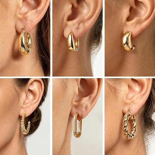 6 Pairs 14K Gold Plated Hoop Earrings for Women Lightweight Chunky Hoop Earrings Multipack Hypoallergenic, Thick Open Twisted Huggie Hoops Earring Set Jewelry for Gifts. thumbnail 5