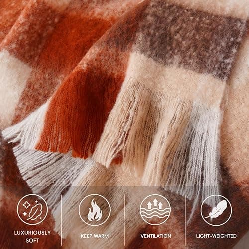BATTILO Rust Plaid Throw Blanket for Couch Bed, Soft Mohair Tartan Plaid Blanket, Farmhouse Style Checkered Pattern, Fall Throw Blankets for Home Decor(50"x60") thumbnail 5