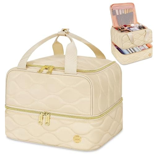 YOREPEK Large Makeup Bag Organizer, 2-Layer Travel Cosmetic Bags with Compartments for Women, Portable Makeup Cases for Skincare Bottles, Brushes, Lipstick – Cosmetiquera para Maquillaje, Beige - Image 1