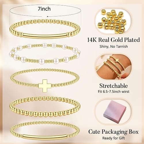 Tungary Gold Beaded Bracelets Set for Women, Non Tarnish 14K Gold Plated | 5Pcs Stackable Stretch Bracelet Stack Waterproof Dainty Pearl Cross Gold Beads Bracelet Jewelry Gift for Her thumbnail 2
