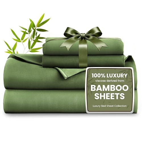Love's cabin 4 Piece Full Size Sheet Set, 100% Rayon Derived from Bamboo, Cooling & Breathable, Soft Silky Deep Pocket up to 16", Hotel Luxury Bedding for Hot Sleepers, Olive Green - Image 1