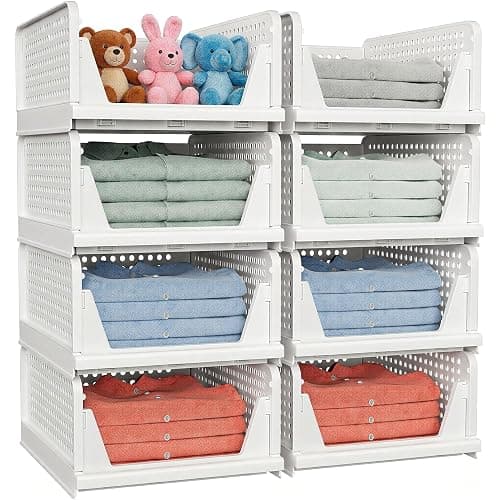 caktraie 4 Pack Stackable Closet Storage Basket - Stackable Storage Bins, Multifunctional & Foldable Closet Organizer Divided, Wardrobe Cupboard Space-Saving Clothes Storage Hat Organizer, White thumbnail 4