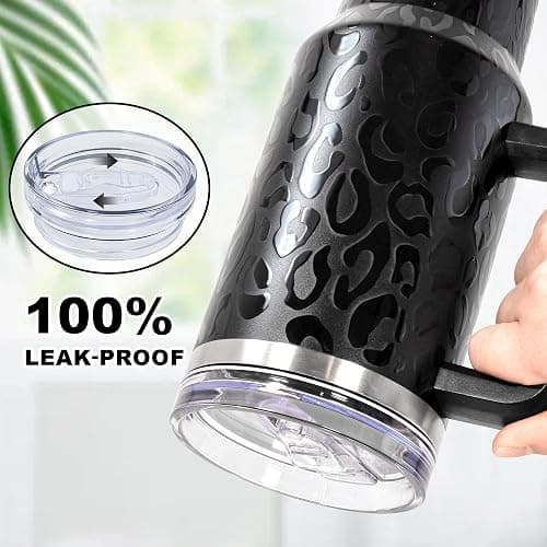 FECBK 40 oz Tumbler with Handle and Straw, 100% Leak-Proof Travel Mug, Stainless Steel Double Wall Vacuum Insulated Coffee Cup Keeps Cold For 34 Hours, Full Black Leopard thumbnail 5