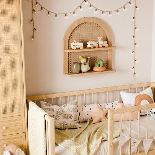 Eostbe Rattan Wall Shelf Boho Nursery Decor - 2-Tier Arched Woven Natural Wood Wicker Wall Shelf, 16''L Neutral Handcrafted Rattan Nursery Shelf, Decorative Shelf for Living Room,Bedroom & Bathroom thumbnail 4