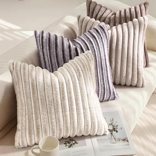 decorUhome Cozy Faux Fur Throw Pillow Covers 12x20 Set of 2 Decorative Soft Plush Striped Lumbar Modern Farmhouse Boho Couch Pillow Cases with Velvet Back for Sofa Bed Living Room, Light Coffee thumbnail 4