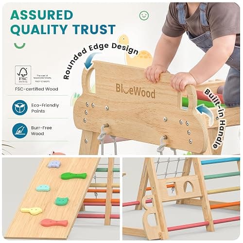 BlueWood Upgraded Indoor Jungle Gym 14-in-1 Playground Kids Climbing Toys | Waldorf Style Wooden Climber Playset with Slide, Swing, Monkey Bars, Upright/Rope Ladder, Climb Net, Colorful thumbnail 3