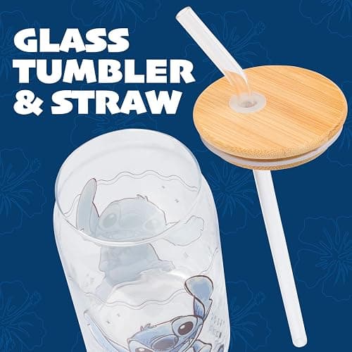 Silver Buffalo Disney Lilo and Stitch Sitting Glass Jar Tumbler with Bamboo Lid and Glass Straw, 16 Ounces thumbnail 5