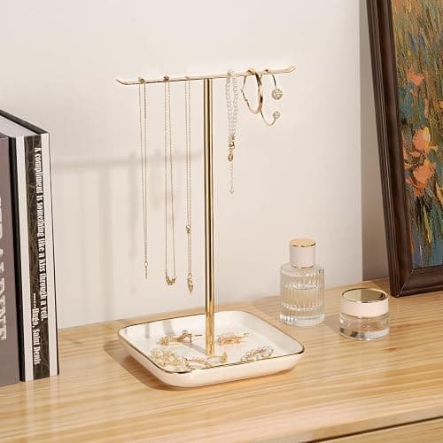 Jewelry Holder Stand with Ceramic Base: 12" Tall Necklace Organizer Rack, Tree Design Display Storage for Necklaces, Bracelets, Rings, Earrings, Aesthetic Room Décor for Girls and Women, Gold thumbnail 2