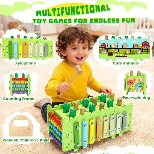 Bsrvtoyer Wooden Baby Activity Cube Montessori Toys for 12+ Months Boys Girls | Hammering Pounding Toys with Abacus, Educational Toddler Activities Toys with Xylophone (Crocodile) thumbnail 5