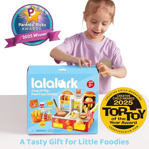 Play Kitchen Toddler Toy - 40+ PCS Fast Food Station with Potato Cutter, Simulated Frying Effect & Lights, Order & Drink Station - Pretend Play Food Toy Birthday Gift for Boys Girls thumbnail 3