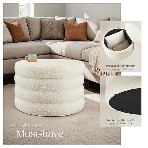 tectake® Hocker mit Stauraum, XL Scandi Sitzhocker Bouclé Teddy Stoff, Pouf, Polsterhocker rund für Schminktisch, Wohnzimmer Möbel, als Flur Möbel, Stauhocker Wohnen, Ø 67 x 42 cm - Bouclé Creme-weiß thumbnail 5