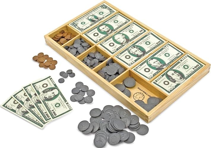 Melissa & Doug Play Money Set - Educational Toy with Paper Bills and Plastic Coins (50 of Each Denomination) and Wooden Cash Drawer for Storage - Image 1