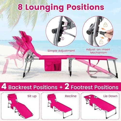 Goplus Tanning Chair, Folding Adjustable Patio Lounge Chair with Face Hole, Removable Pillow, 330LBS, Carry Strap, Outdoor Sunbathing Chair, Lightweight Portable Beach Lounge Chair, No Assembly thumbnail 4