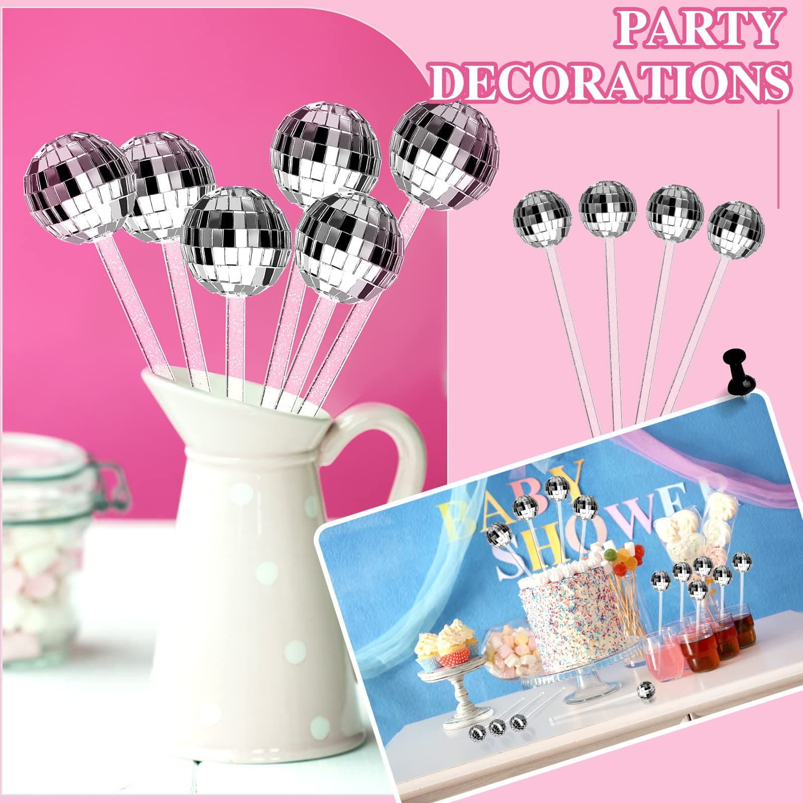 Sawysine 24 Pcs Disco Balls Cocktail Stirrers Plastic Round Top Swizzle Sticks Cake Pops Mirror Ball Coffee Beverage Stirrers for Home Bar Coffee Shop Use (Silver) - Silver thumbnail 6