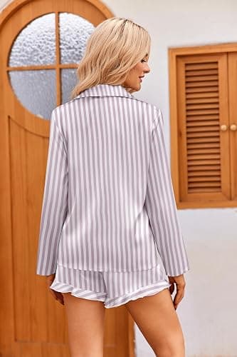 Ekouaer Womens Satin Pajama Sets Long Sleeve Top and Shorts Lounge Set Button Down Sleepwear thumbnail 5
