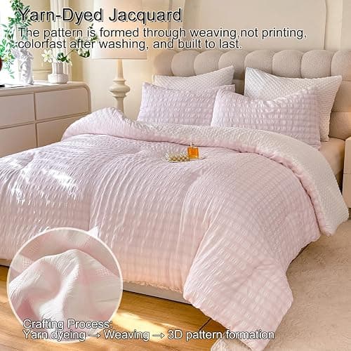 tohrisa Boho Comforter Set Twin Size - 2 Pieces Lightweight Jacquard Seersucker Bedding Sets (1 Soft Fluffy Grid Comforter & 1 Pillowcase) - All Seasons Cozy Modern Bed Set(68"x90" Blush Pink) thumbnail 2