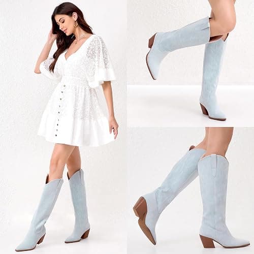 iiimmu Cowgirl Boots Women Knee High Boots Pointed Toe and Block Heel Cowboy Suede and Faux Leather Boots with Embroidered thumbnail 4