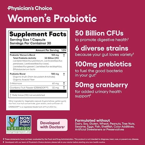 Physician's CHOICE Probiotics for Women - PH Balance, Digestive, UT, & Feminine Health - 50 Billion CFU - 6 Unique Strains for Her - Organic Prebiotics, Cranberry Extract+ - Women Probiotic - 30 CT thumbnail 2