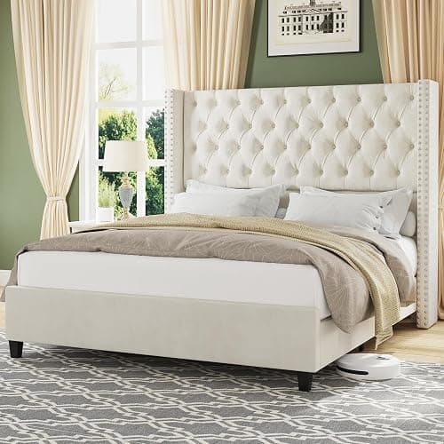 Jocisland Upholstered Bed Frame with Tall Headboard Wingback Platform Bed Tufted Deep Button Velvet/No Box Spring Needed/Easy Assembly (Cream, Queen) - Image 1