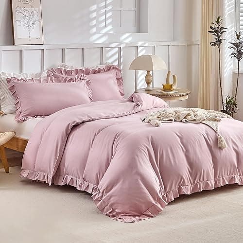 Lekesky Ruffle Duvet Cover Queen Size, Farmhouse Shabby Chic 3 Pieces Washed Microfiber Pink Girls Bedding Set, Soft Aesthetic Queen Comforter Cover with Ruffled Edges, Zipper & Corner Ties thumbnail 2