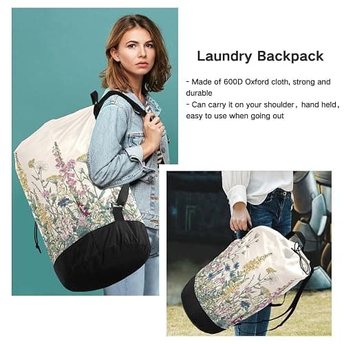 Flower Leaves Beige Laundry Bag Backpack Dirty Clothes Organizer With Strap and Handles Washable for College Travel Camp Dorm Essentials thumbnail 6