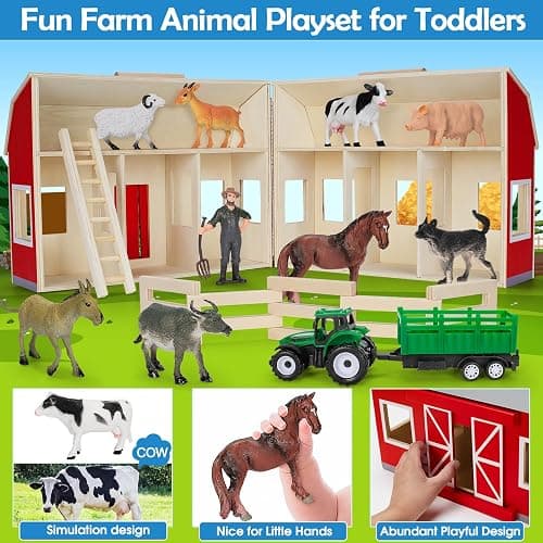 YEEBAY Farm Animals Toys for 3+ Year Old Kids Toddlers Girls Boys, Large Wooden Barn with Animal Play Figures, Farm Playset Educational Learning Toys, Ideal Christmas Birthday Gifts thumbnail 3