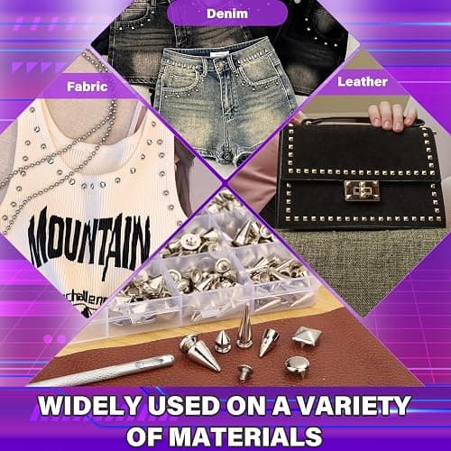 Jollidecor 455 PCS Punk Studs for Clothing, 10 Size Metal Spikes and Studs Leather Rivets for Craft, Square Pyramid Studs Round Dome Rivets DIY Punk Style Decoration for Clothes Shoes Belts Dog Collar thumbnail 6