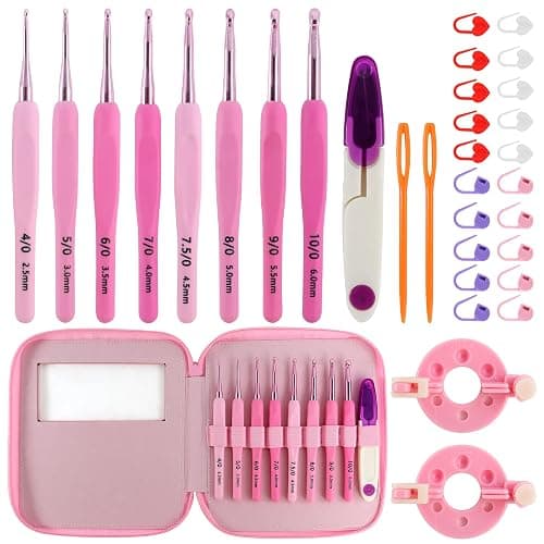 AEXHOT 34PCS Crochet Hooks Set, 8 sizes 2.5-6 mm High-Quality Pink Gradient Aluminum Ergonomic Soft Handle Crochet with Case and Crochet Kit for Beginners Adults for Arthritic Hands Crochet Needle Set - Image 1