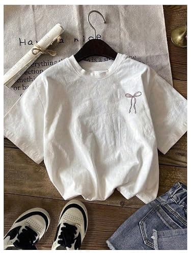 RoseSeek Girl's Bowknot Letter Graphic Tshirt Short Sleeve Crew Neck Cute Summer Tee Tops thumbnail 2
