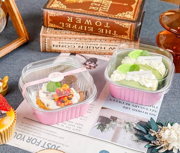 NPLUX 60 Pack Mini Cake Pans with Lids Mini Aluminum Pans, Disposable Loaf Pans Cupcake Liners with Lids for Pudding, Souffle, Party, Wedding, Mothers Day Party Favors(Pink, 10 oz) thumbnail 2