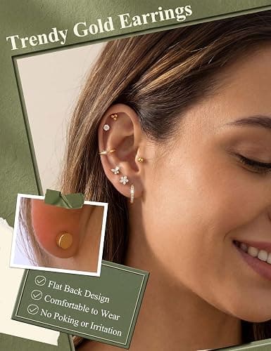 Jstyle Hypoallergenic Flat Back Earrings for Women Cartilage Earring Stacks | Surgical Steel Earring Stacks for Multiple Piercing, Small Flatback Earring Studs Huggie Hoops, Ideal Jewelry Gift for Her thumbnail 2
