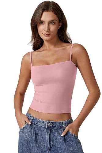 QINSEN Women's Double Lined Basic Tank Top Adjustable Spaghetti Straps Sleeveless Camisole Shirts thumbnail 2