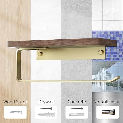 Danpoo Brushed Gold Paper Towel Holder Wall Mount, with Natural Walnut Shelf – Elegant Kitchen & Bathroom Organizer thumbnail 11