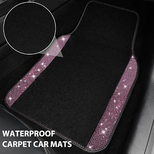 CAR PASS Bling Diamond Car Floor Mat Shining Rhinestones Carpet, Sparkly Glitter Crystal Anti-Slip PVC Heel Pad Automotive Universal Fit for SUV Sedan Car Van, 4pcs for Girl Cute Women, Black Pink thumbnail 4