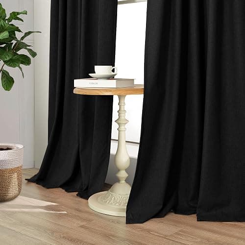 Black Curtains 84 Inches Long for Bedroom 2 Panel Set Linen Textured Total Blackout Thermal Insulated Darkening Dark Curtains Black Out Shades for Living Room Floor Length Window Drape Back Tab Pocket thumbnail 7
