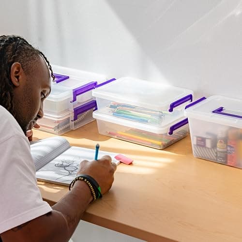 IRIS USA 5 Qt. Plastic Craft Storage Container Bins with Lids, 6 Pack, Small Art & Office Supply Organizer Tote, Sensory Bins & Boxes for Home & University, Stackable, Carry Handle, Clear thumbnail 7