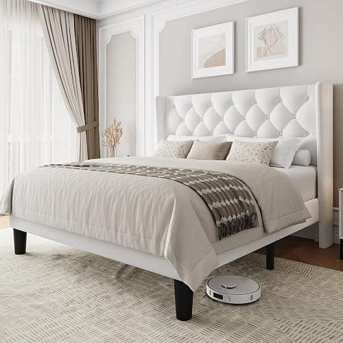 Einhomn Queen Size Upholstered Bed Frame with Wingback Headboard, Fabric Velvet Platform Bed, 8" Under Bed Storage, Wooden and Metal Slats Support, No Box Spring Needed, White - Image 1