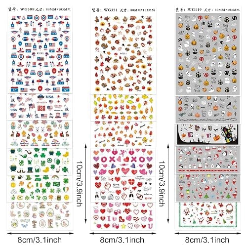 Whaline 18 Sheets All Season Nail Art Stickers Easter St Patricks All Holiday Valentine Day Fall Halloween Winter Christmas 4th of July Self-Adhesive Nail Decals for DIY Manicure Party Decor thumbnail 2