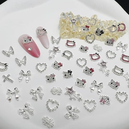 Pizadix 100 pcs 3D Sliver Nail Charms Y2K Cute Nail Charms Set with Kity, Butterfly, Bow, Star, Heart,Cross for Nail Art Decoration Y2K thumbnail 3